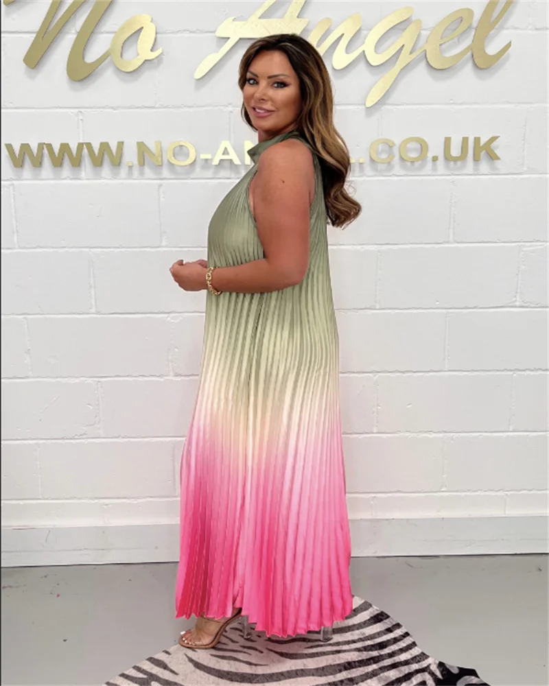 Pleated Sleeveless Gradient Round Neck Dress For Spring