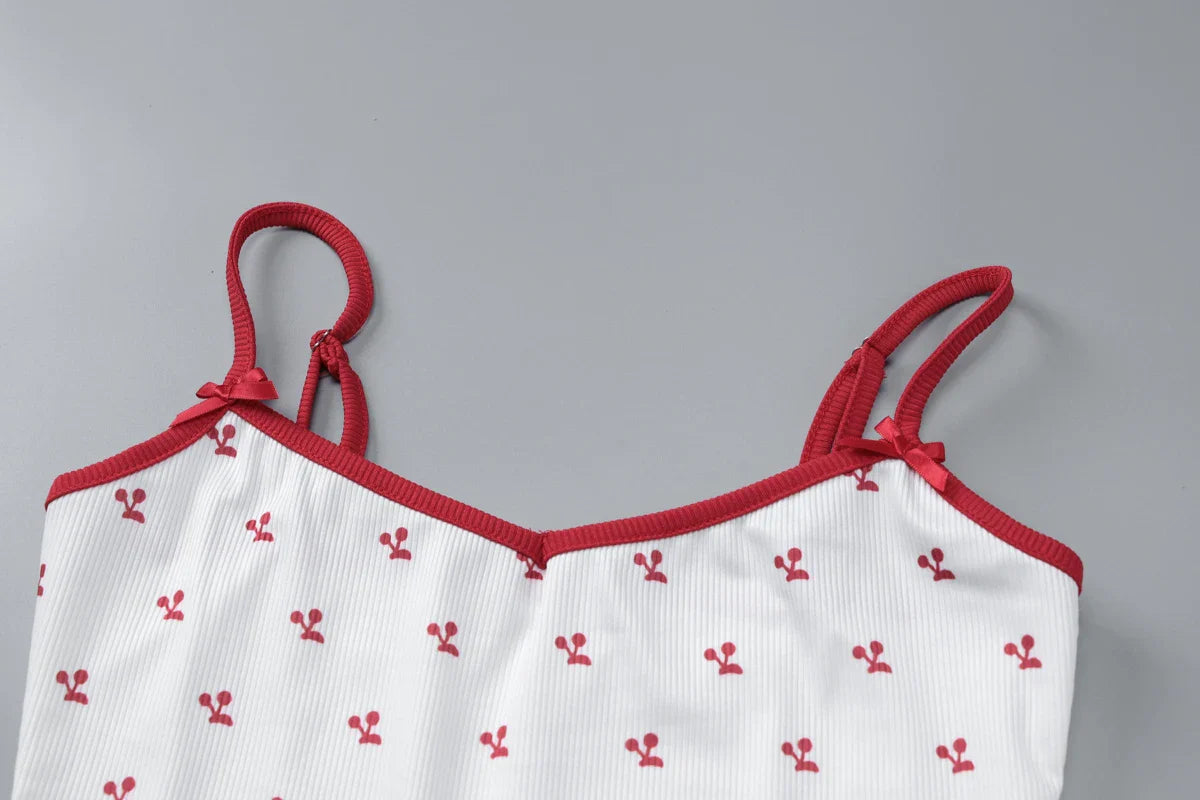 Cherry Print Two-Piece Matching Set with Slim Crop Camisole Top and Bow-Accent Shorts Summer Casual Festival and Workout Outfit for Women