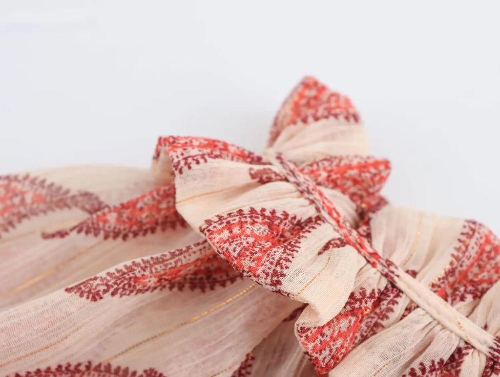 Womens Printed Shirt with Metallic Thread Ruffle Collar Drawstring Long Sleeve Single Breasted Chic Top