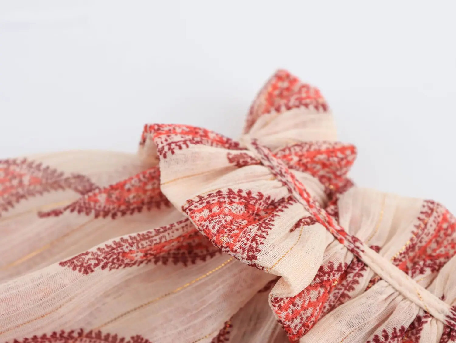 Womens Printed Shirt with Metallic Thread Ruffle Collar Drawstring Long Sleeve Single Breasted Chic Top