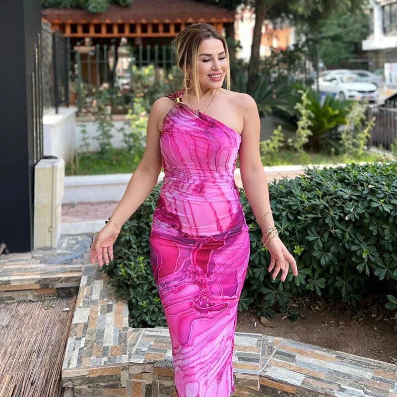 One Shoulder Backless Gradient Print Dress For Party