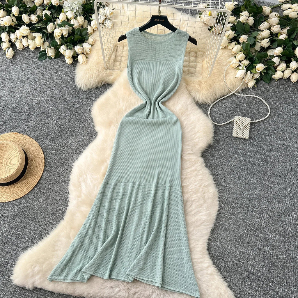 Hollow Out Knitted Dress Sleeveless O Neck A Line Midi