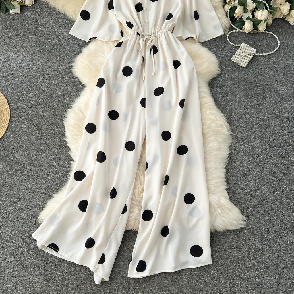Women Wide Leg Polka Dot Jumpsuit with V Neck Dolman Sleeves and Slim Waist Design