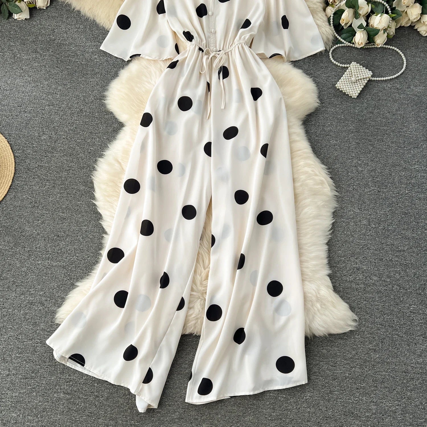 Women Wide Leg Polka Dot Jumpsuit with V Neck Dolman Sleeves and Slim Waist Design