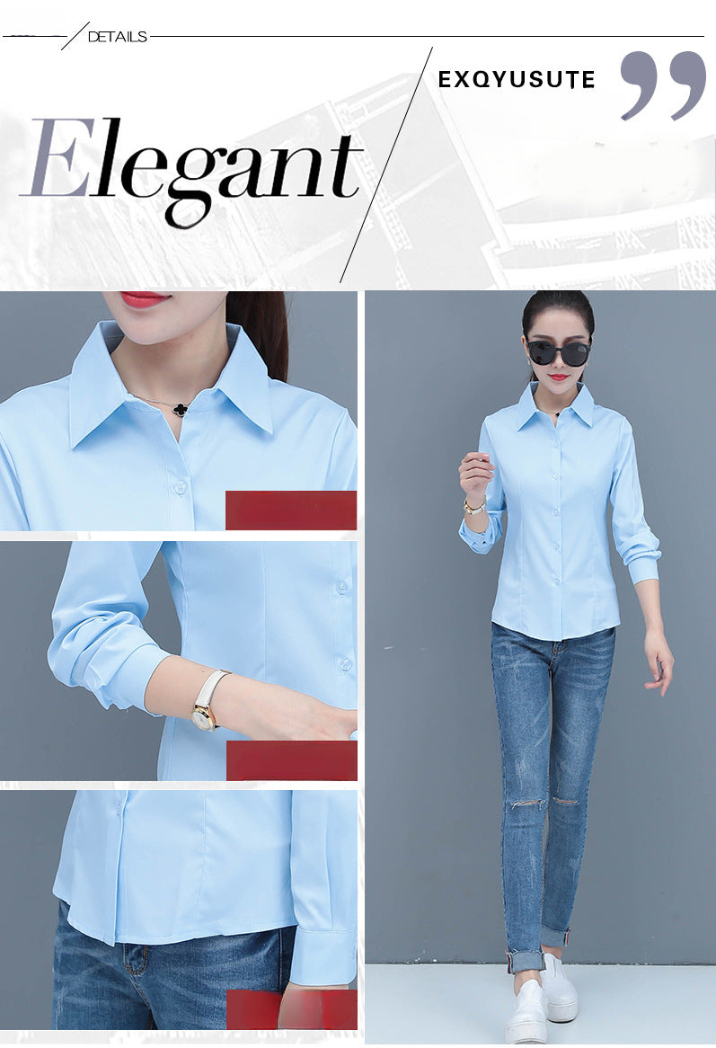 Elegant Slim Fit Blue Long Sleeve Blouse for Women Formal Office Shirt Basic Workwear Top