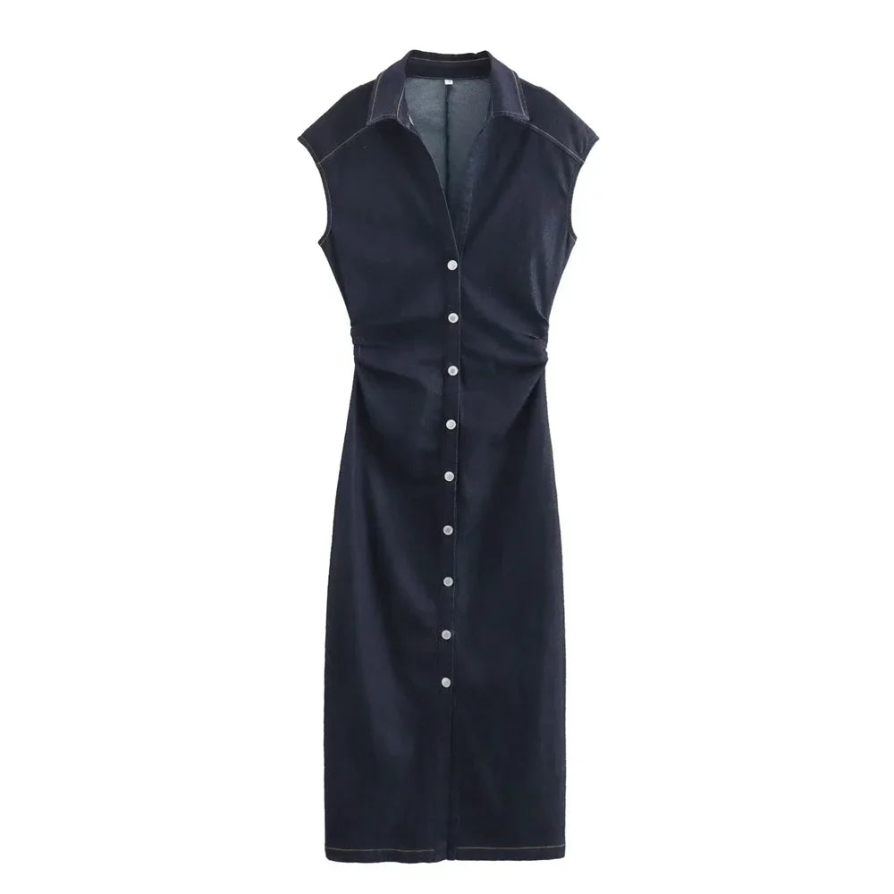 Casual Sleeveless Shirt Dress For Women Flip Collar Midi