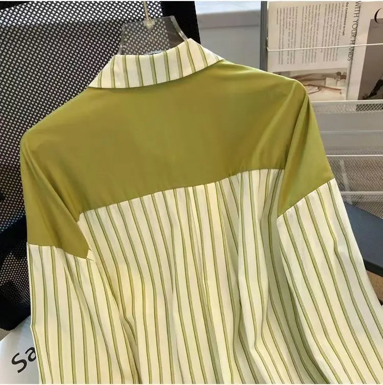 Chic Casual Fake Two Piece Long Sleeve Stripe Shirt for Women Stylish Matching Blouse Top