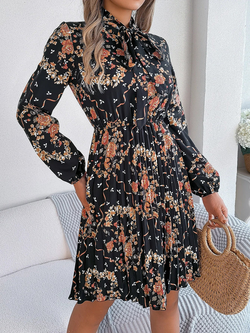 Floral Print Lace Up Long Sleeve Pleated Dress With Bow