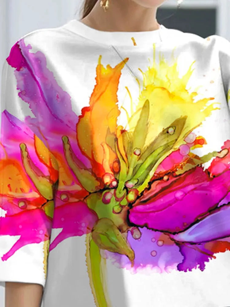 Women Floral Printed Loose Fit T-Shirt with Three-Quarter Sleeves and Round Neck for Casual Summer Style