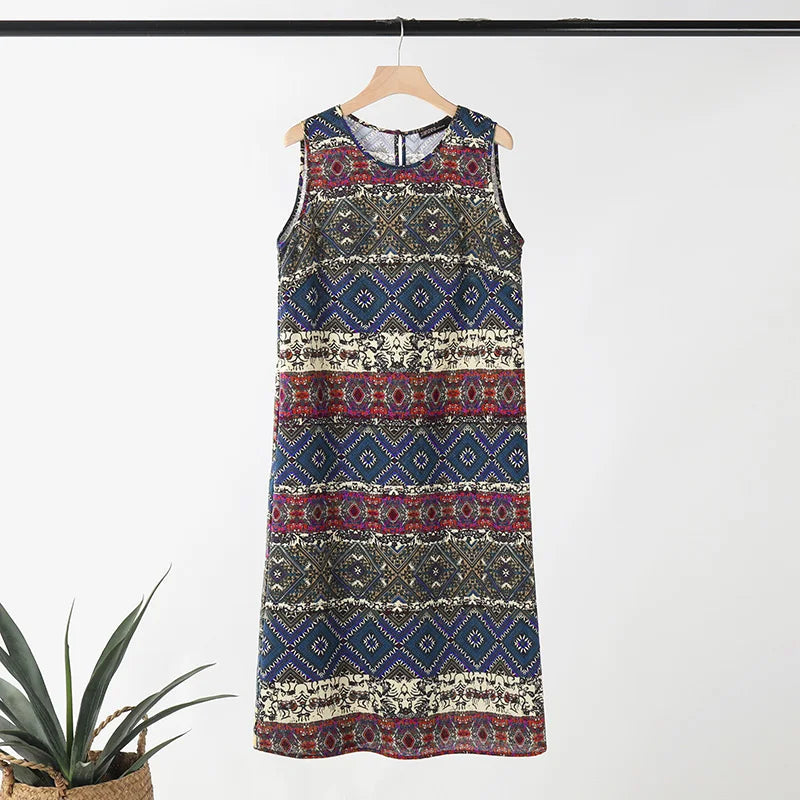 Bohemian Floral Print Sleeveless Midi Dress For Summer