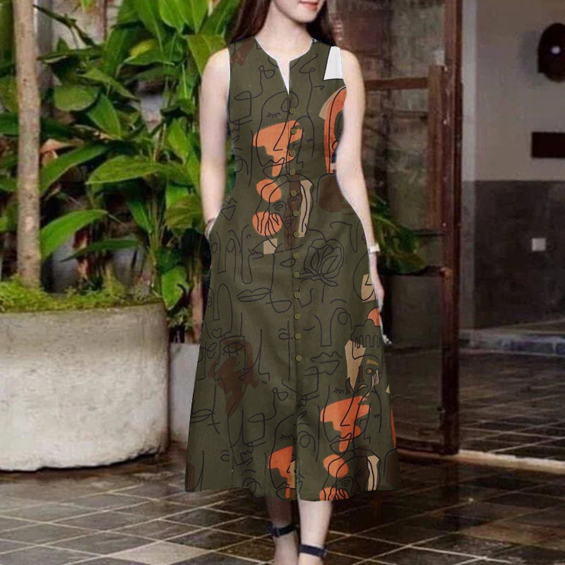 V Neck Sleeveless A Line Printed Sundress For Summer