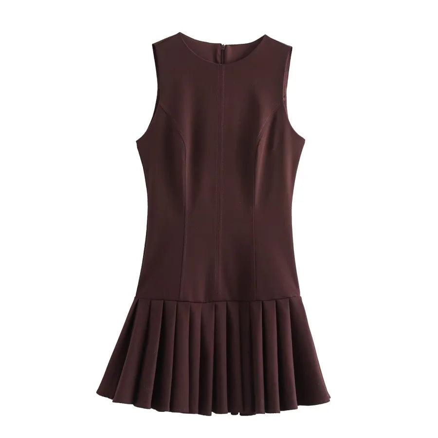 3D Cutout Mini Dress Pleated Skirt Brown Sleeveless