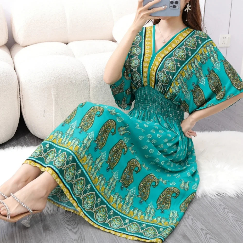 Sweet Countryside Printed Midi Dress V Neck Batwing