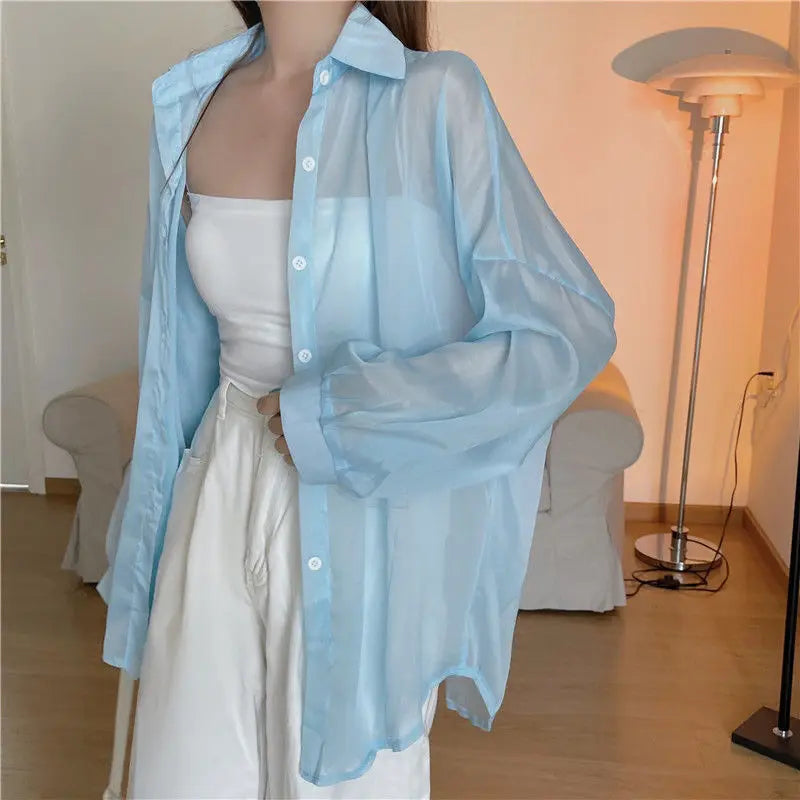 Women's Lightweight Sheer Chiffon Sunscreen Blouse Loose Fit Breathable Summer Shirt All Match Sun Protection Top