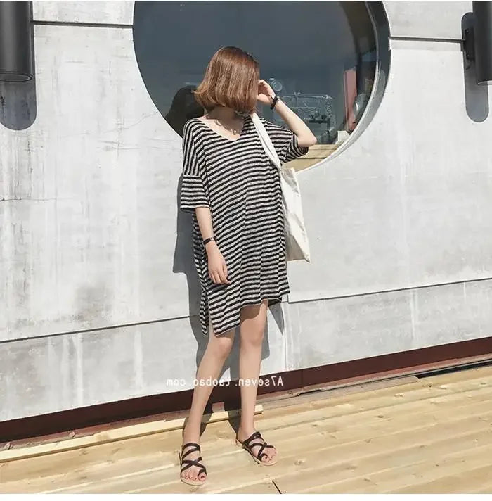 Summer Women's Striped T-Shirt Dress Loose Fit Short Sleeve Casual Tee for Home Wear