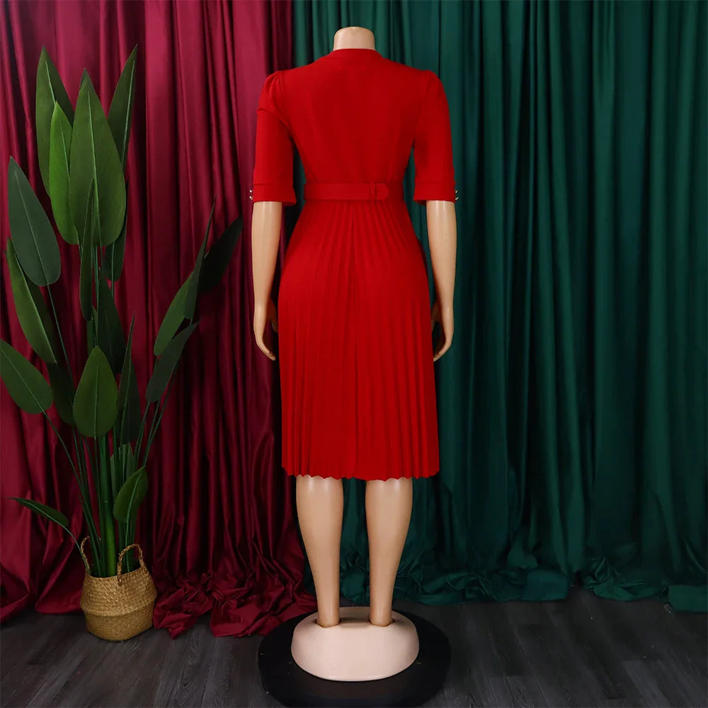 Elegant Pleated Dress for Women Formal Half Sleeve Belted