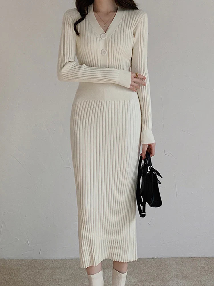 Knit Sweater Dress For Women V Neck Maxi With Buttons