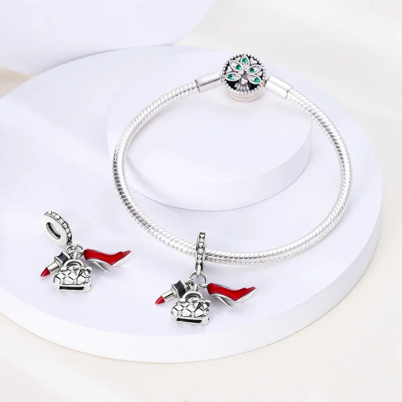 925 Silver Red Charms Beads for DIY Jewelry Bracelets Featuring Strawberry Ladybird and Lipstick Design