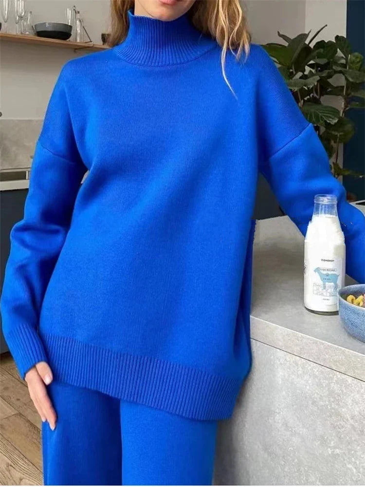 2 Pieces Blue Knitted Women's Tracksuit Set with Turtleneck Sweater and Straight Leg Jogging Pants