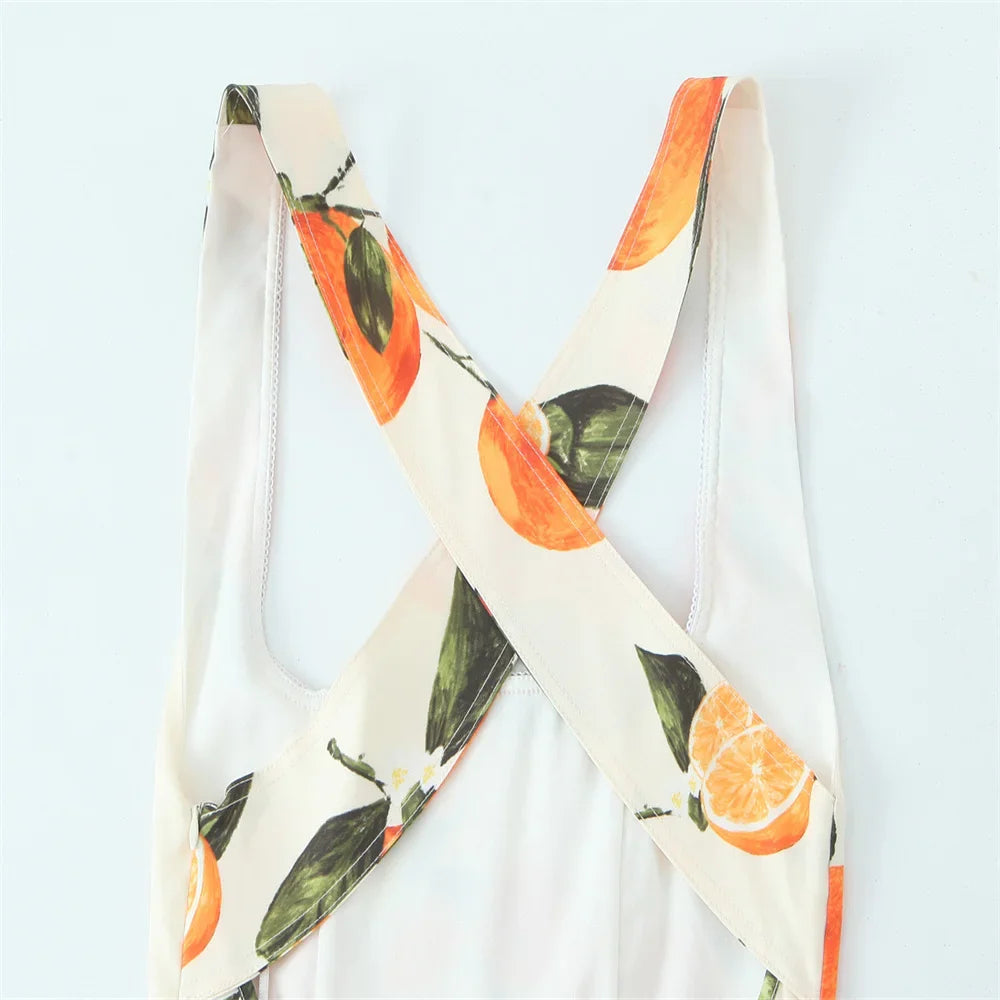 White Sleeveless Cross Back Dress With Orange Fruit Print