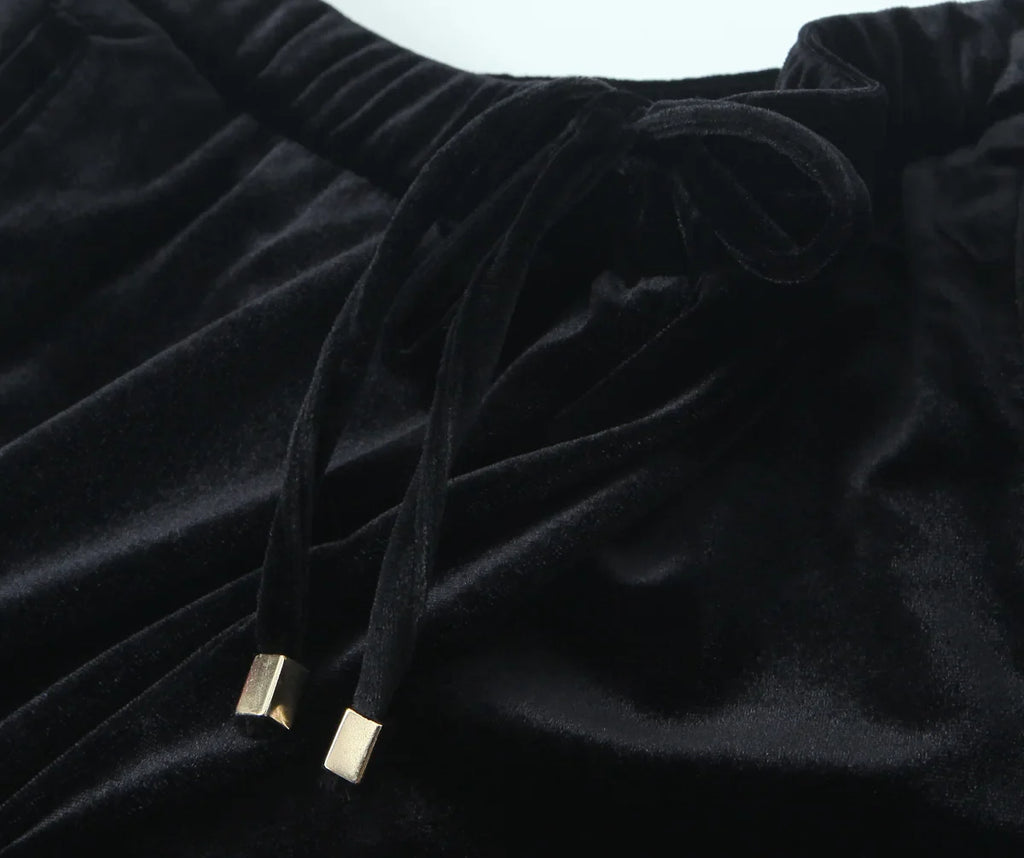 Women's Fashion Velvet Trouser Set with Wide Leg Pants and Long Sleeve Coat Top for Stylish Streetwear Outfit