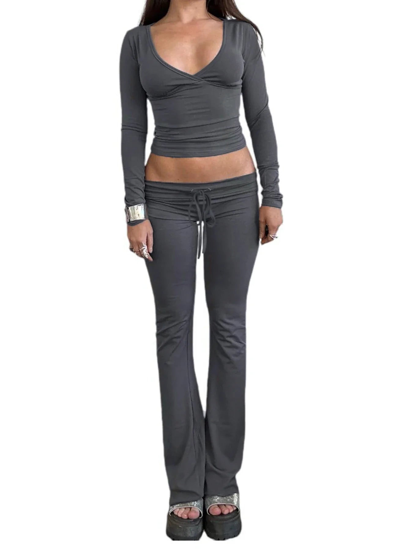 Casual V Neck Long Sleeve Top and Slim Drawstring Full Length Pants Women's Chic Low Waist Two Piece Outfit Set