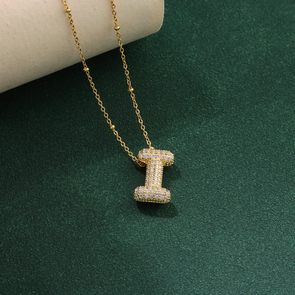 Luxury Zircon Crystal Initial Necklace for Women Stainless Steel Choker Chain Jewelry