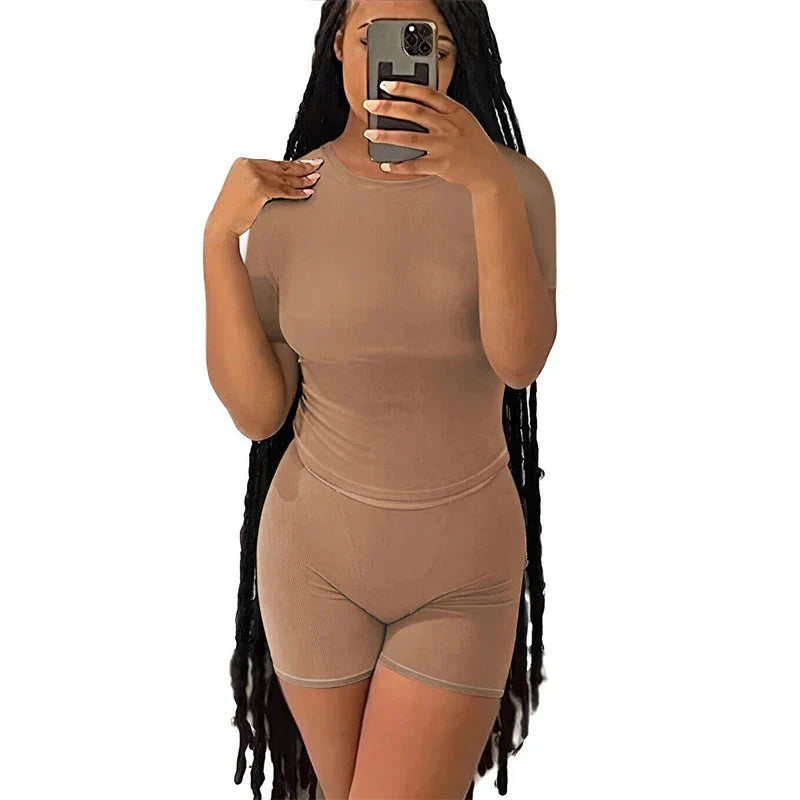 Casual Workout Two Piece Set for Women Fitted Crew Neck T-Shirt with High Waist Pants Matching Streetwear Outfit