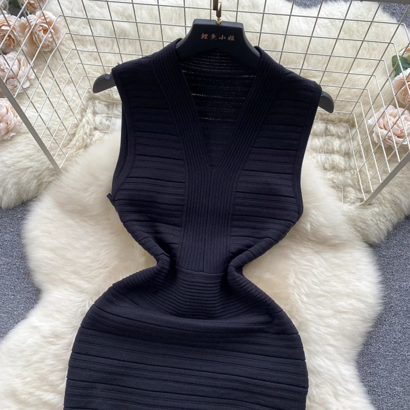 White Knit Tank Dress V Neck Sleeveless Bodycon Wrap Dress