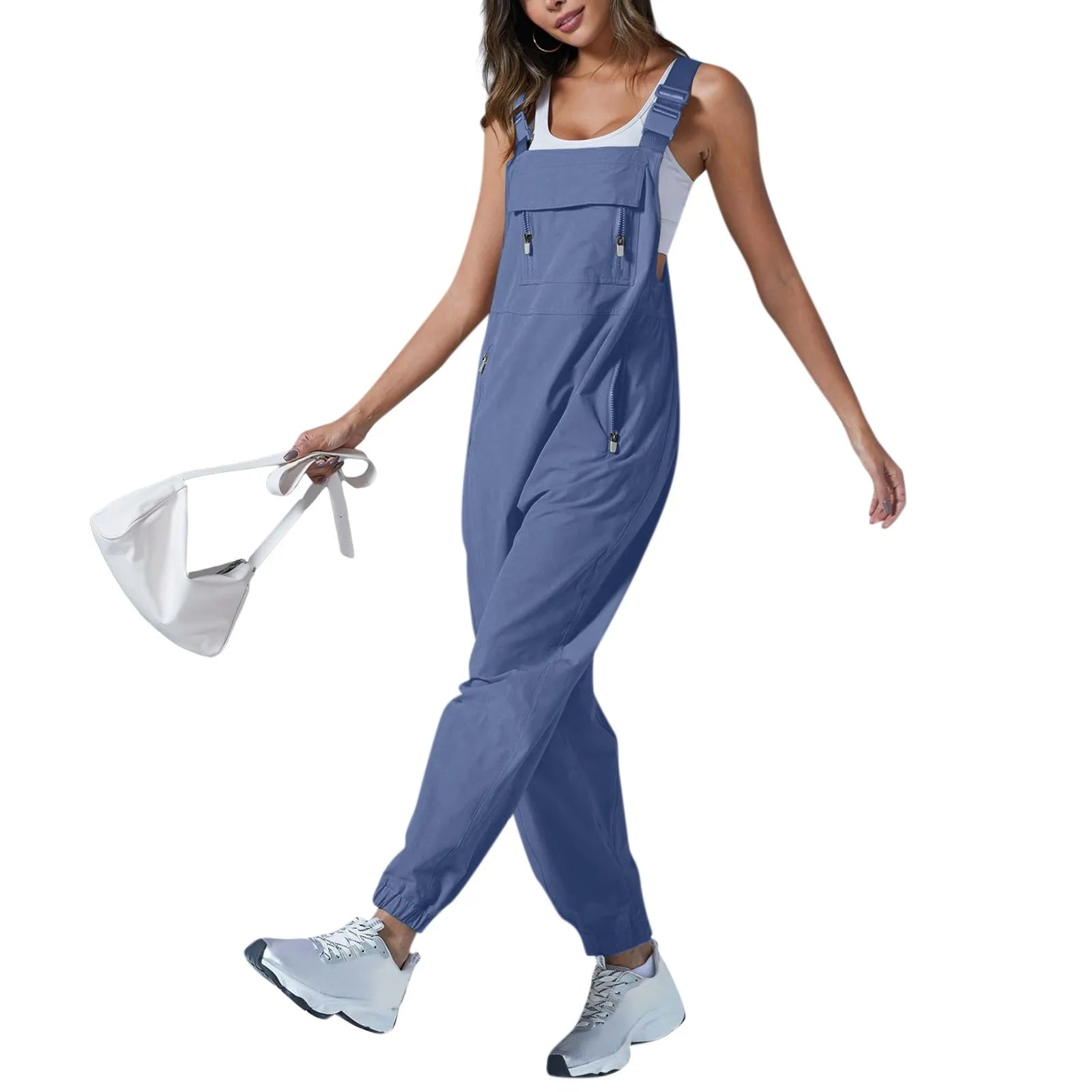 Women's Summer Casual Loose Wide Leg Jumpsuit with Adjustable Straps Pockets and Retro Button Detail Solid Color Sleeveless Overalls