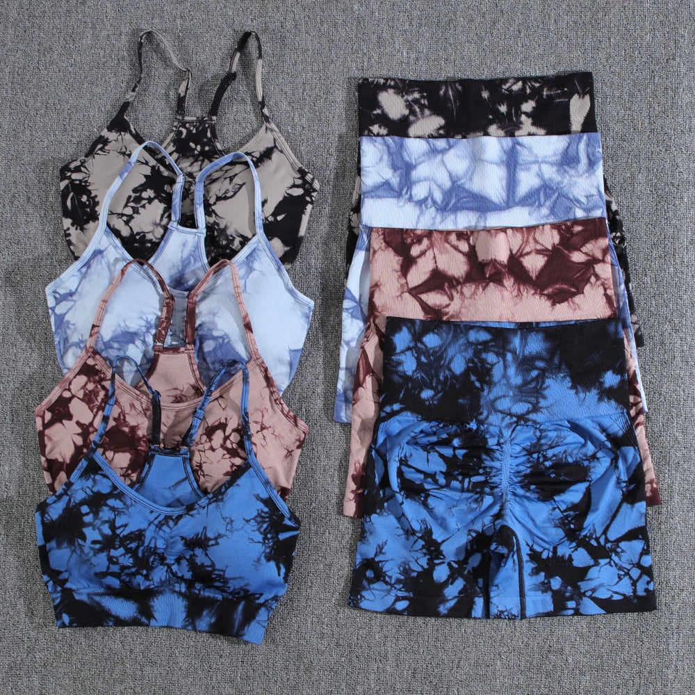 1/2/3PCS Tie Dye Seamless Women's High Waist Activewear Sets Stretch Sport Pants and Y2K Print Crop Tops for Running and Autumn Fitness