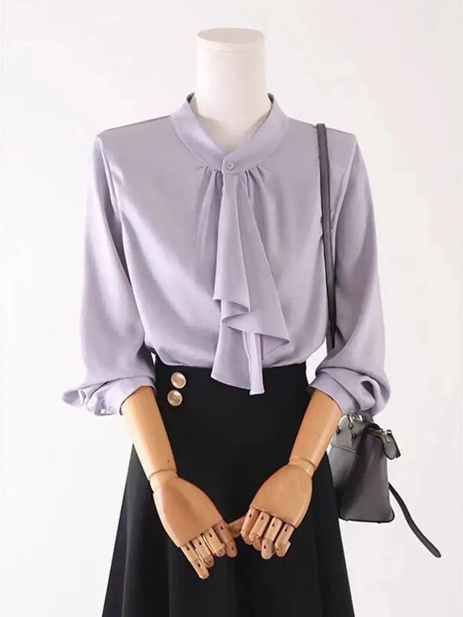 Elegant Scarf Collar Button Up Blouse for Women Long Sleeve Solid Color Temperament Top Spring Autumn Fashion Shirt