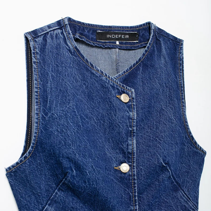 Women's Fashion Denim Blue V-Neck Tank Top and Vintage Straight Leg Pants Two Piece Set