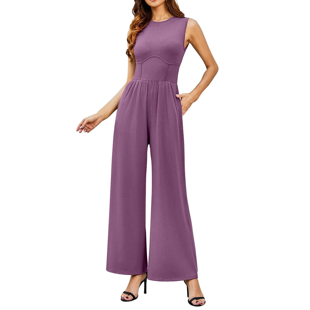 Women Sleeveless High Neck Ribbed Tank Top Jumpsuit Wide Leg Pants Romper with Tummy Control and High Waist Casual Summer Outfit