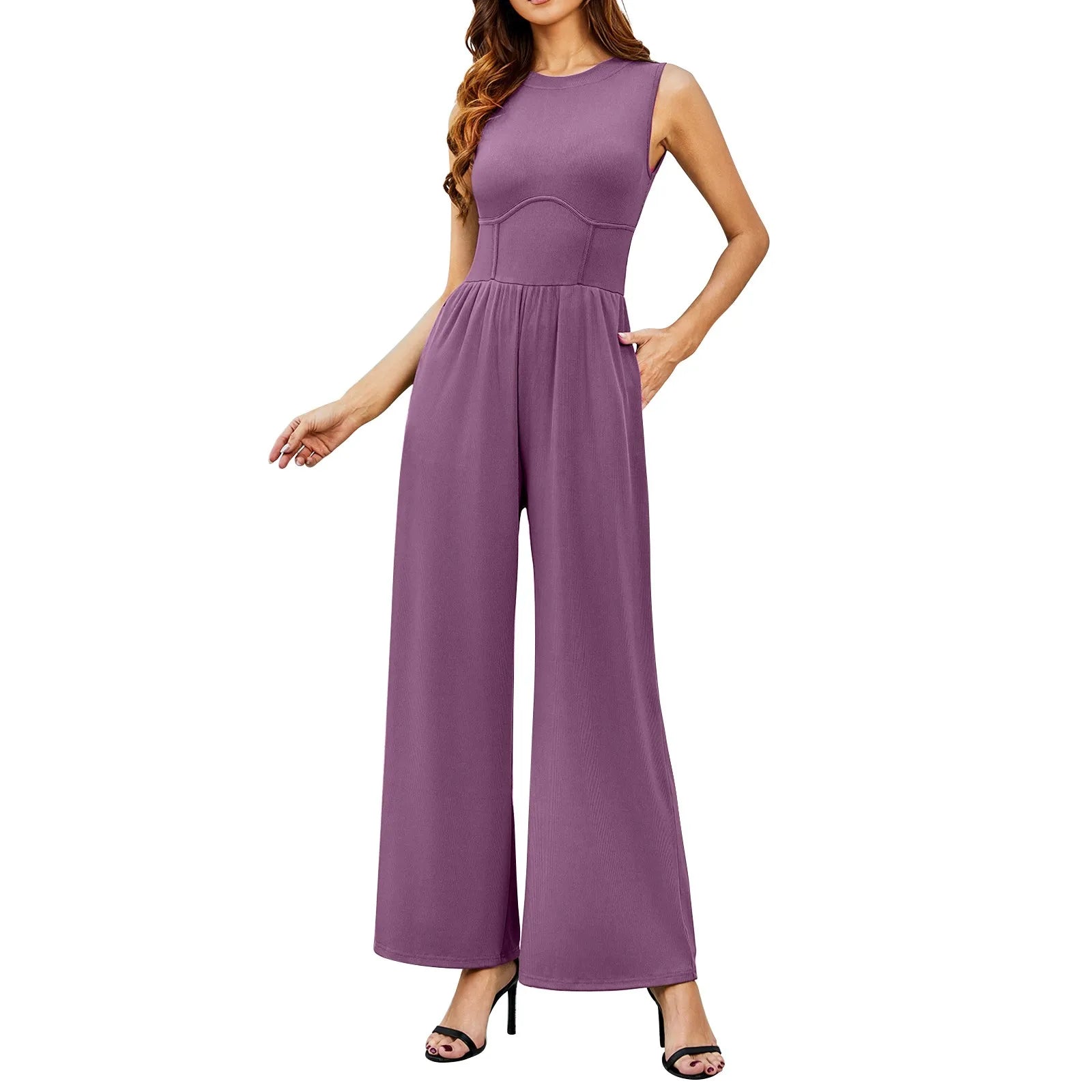 Women Sleeveless High Neck Ribbed Tank Top Jumpsuit Wide Leg Pants Romper with Tummy Control and High Waist Casual Summer Outfit