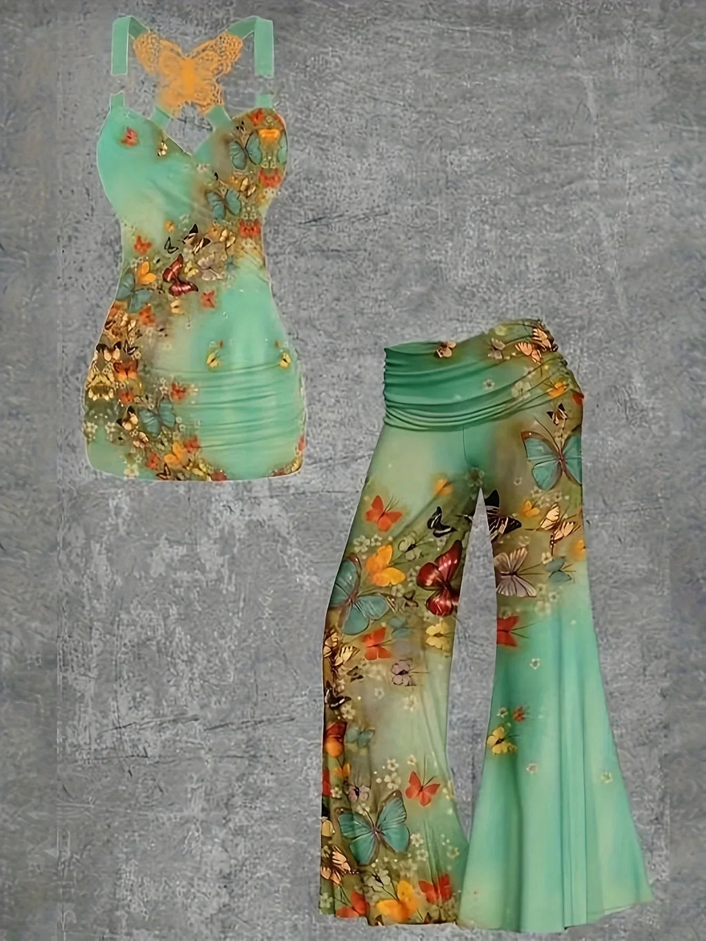 Elegant Butterfly Lace Cross Front Vest And Wide-Leg Trousers Two-Piece Suit For Women