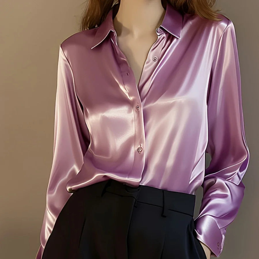 Elegant Satin Long Sleeve Women's Shirt Slim Fit Casual Office Blouse Stylish Autumn Top