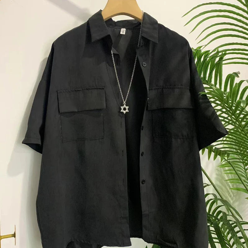 Women's Black Blouse with Necklace Decoration Summer Shirt Loose Fit Short Sleeve Pocket Design Preppy Collar Stylish Blusas