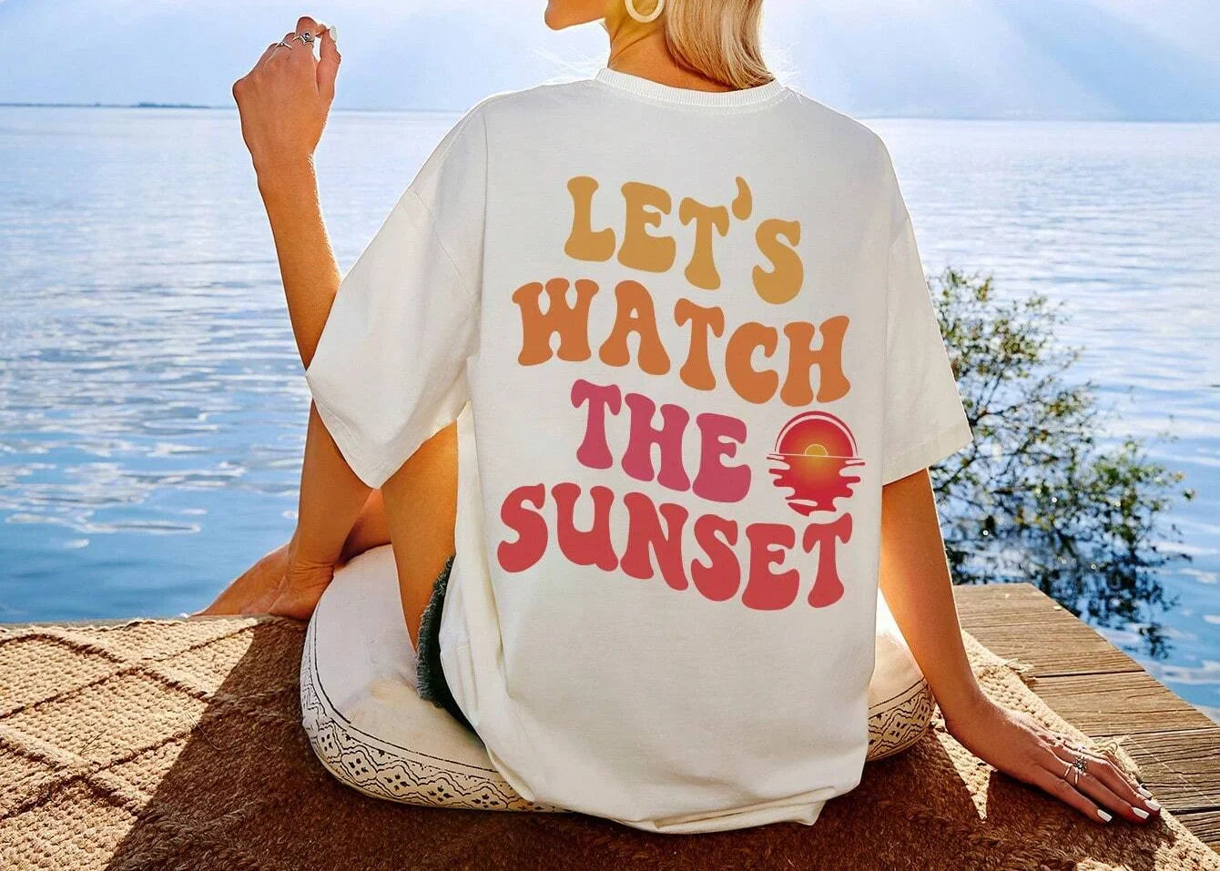 Let Us Watch The Sunset Print Women Cotton T-Shirt Casual Short Sleeve O-Neck Top for Daily Wear