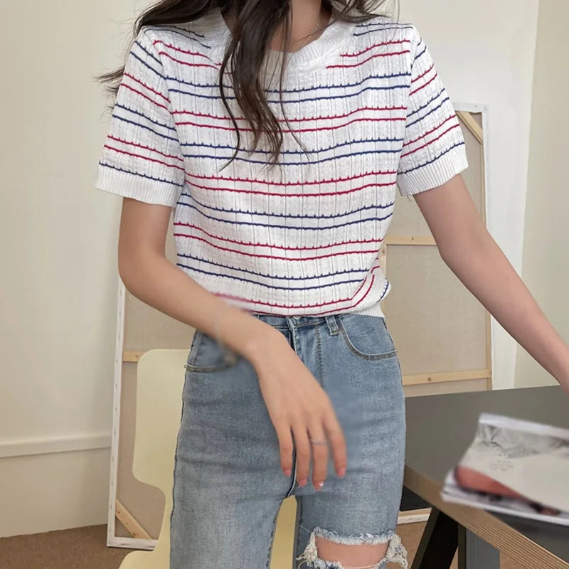 Summer Striped Women's Knitted Crop Top Casual O-Neck Short Sleeve T-Shirt Preppy Style Tees