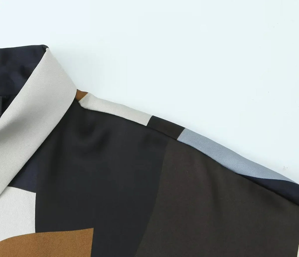 Women's Satin Texture Geometric Print Shirt Lapel Collar Long Sleeve Single-Breasted Casual Chic Top for Spring and Summer