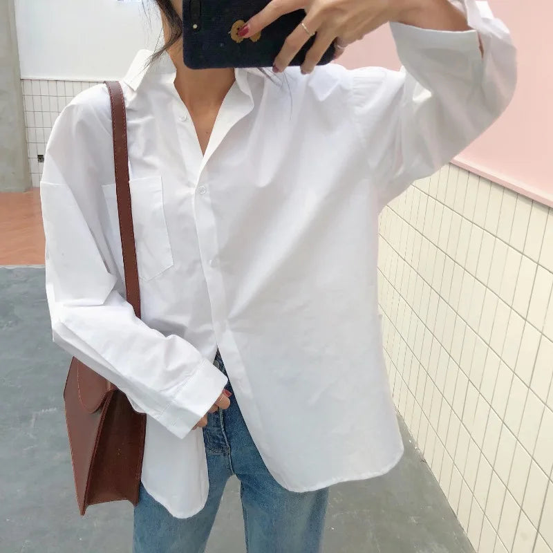 Elegant Cotton White Women Blouse Long Sleeve Vintage Loose Casual Shirt for Autumn and Spring