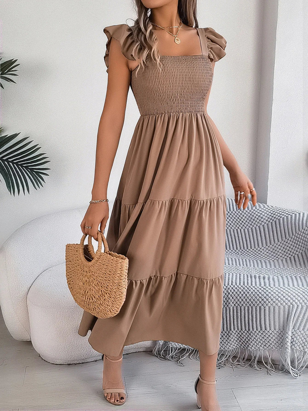 Square Neck Maxi Dress for Women Solid Summer Color