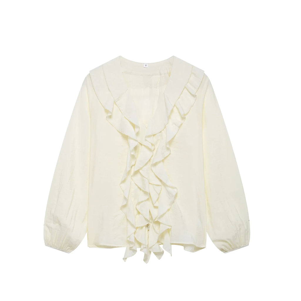 Women's Ruffled V-Neck Blouse with Flounce Long Sleeves Elegant Solid Color Chic Shirt
