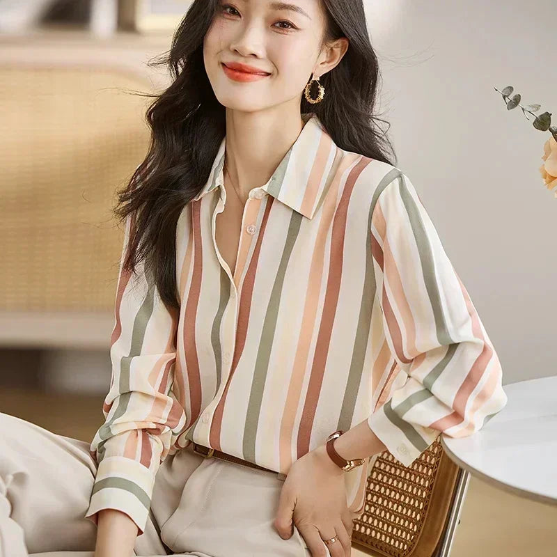 Striped Print Button Front Casual Long Sleeve Shirt for Women Lightweight Blouse for Spring and Fall Women's Tops