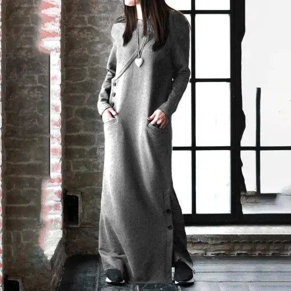Women Winter Warm Maxi Dress With Fleece Lining Long Sleeve
