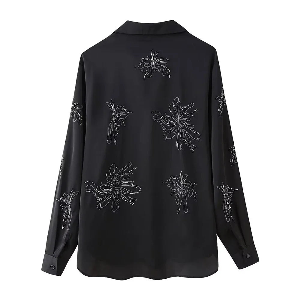 Women's Beaded Embroidery Long Sleeve Shirt and Loose Trousers Set with Lace Up Details