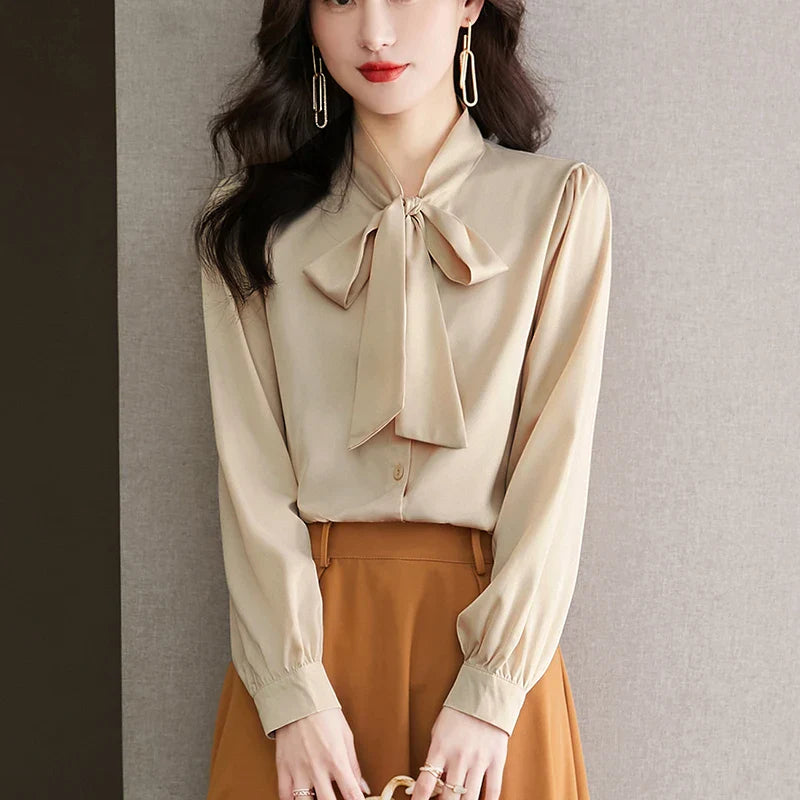 Elegant Women's Long Sleeve Blouse with Bow Collar Casual Loose Fit White Office Shirt Top