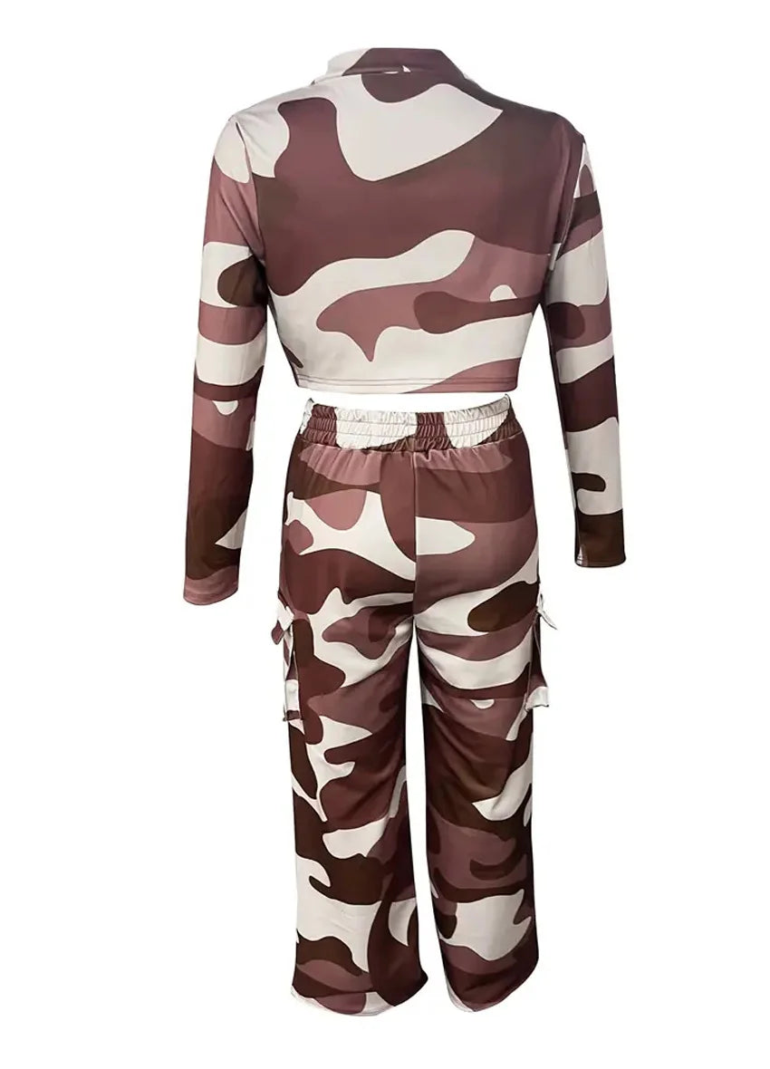 Camo Print Cargo Pants Set with Sexy Crop Top and High Waist Wide Leg Trousers for Women