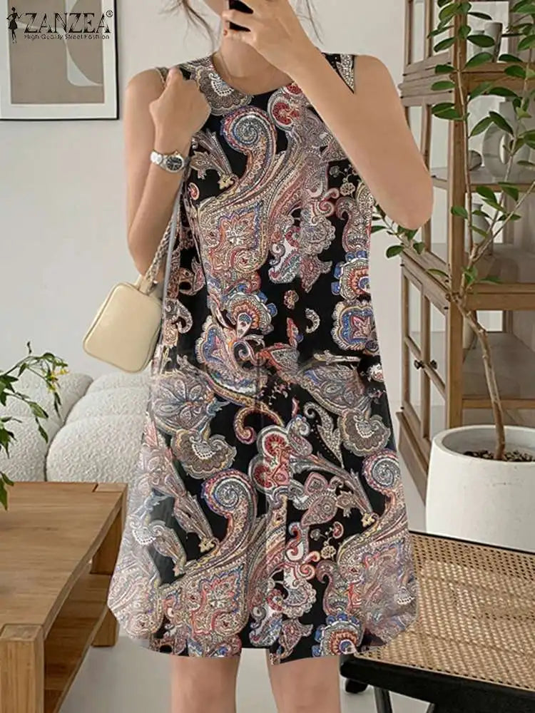 Boho Print Pleated Sleeveless Mini Dress For Summer